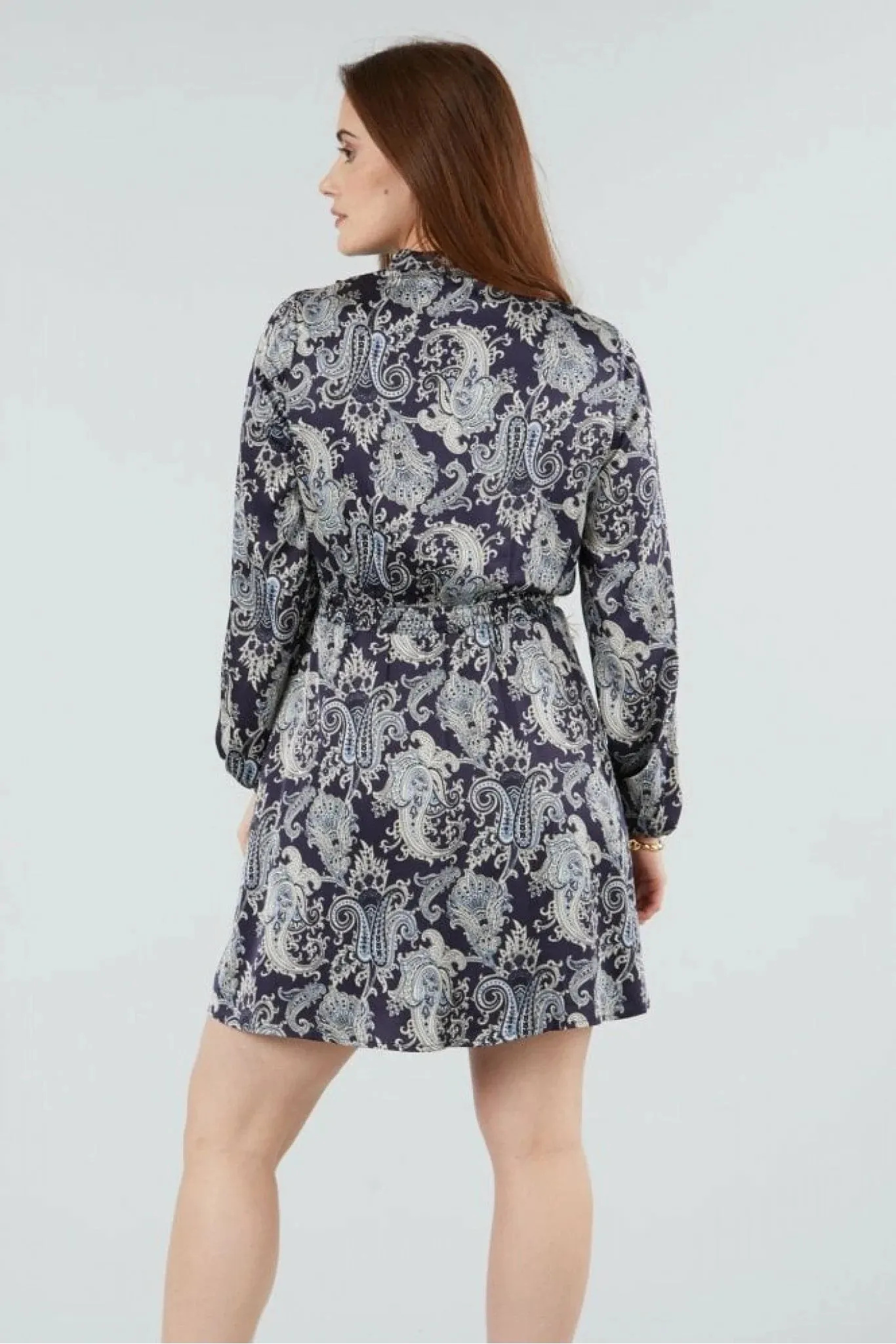 Double Second Navy Paisley Print Pussybow Dress