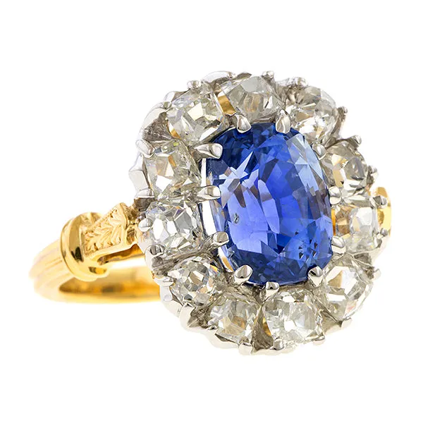 Estate Sapphire & Diamond Ring, Cushion 4.10ct.