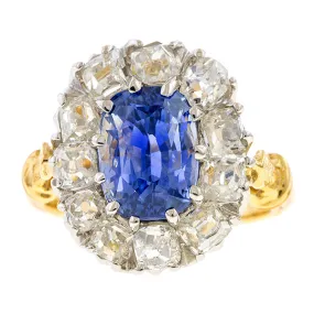 Estate Sapphire & Diamond Ring, Cushion 4.10ct.