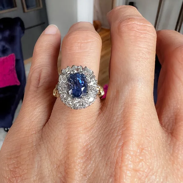 Estate Sapphire & Diamond Ring, Cushion 4.10ct.