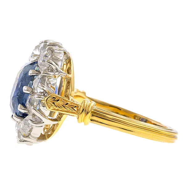 Estate Sapphire & Diamond Ring, Cushion 4.10ct.