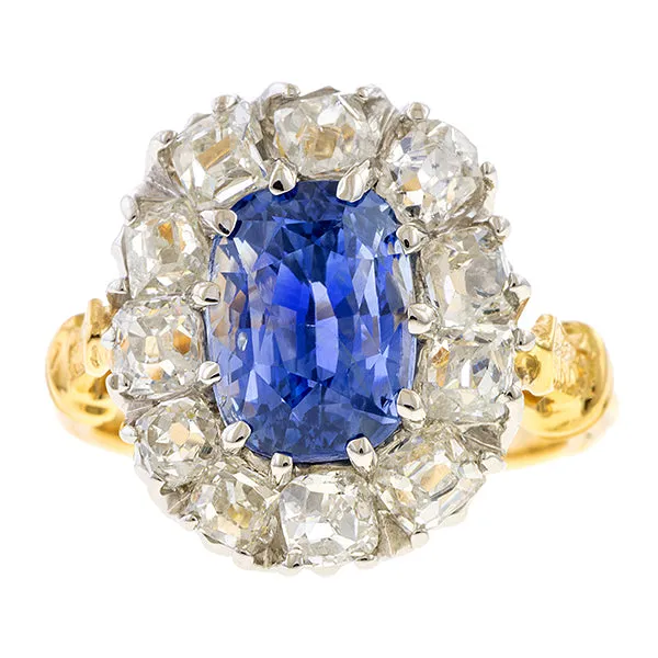 Estate Sapphire & Diamond Ring, Cushion 4.10ct.