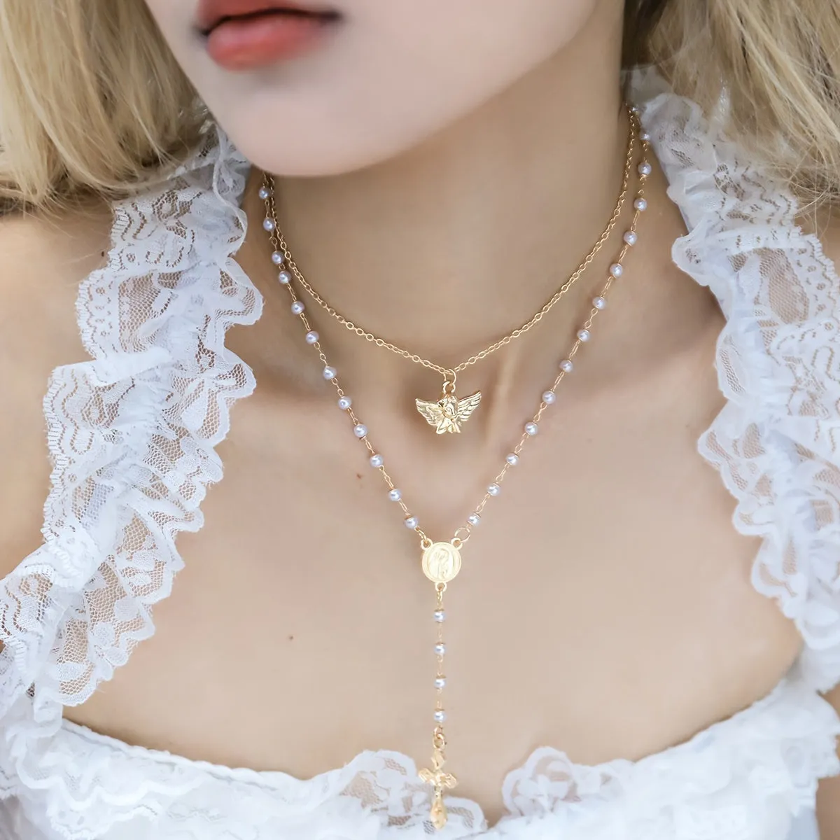 Fashion Vintage Angel Geometric Round Charm Halter 100% Natural Pearls Y Criss Cross Fringe Necklace