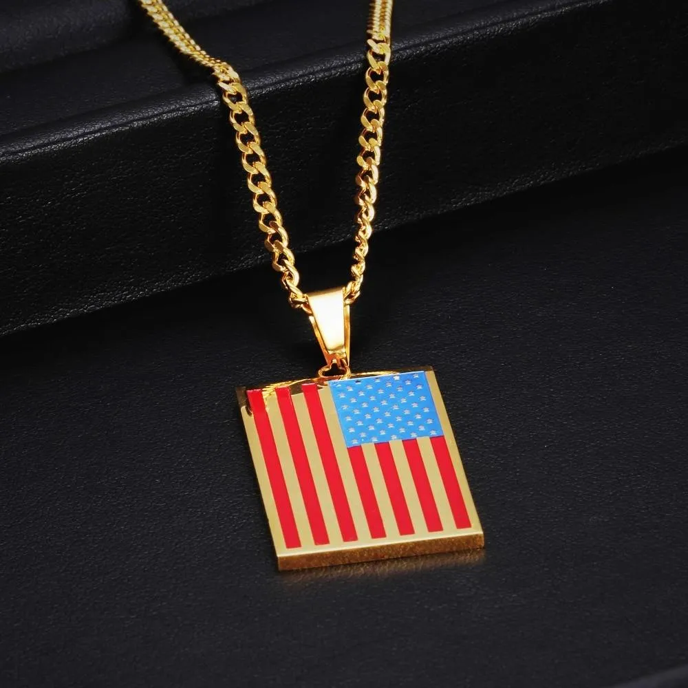 Flat Metallic USA Flag Pendant with Chain Necklace