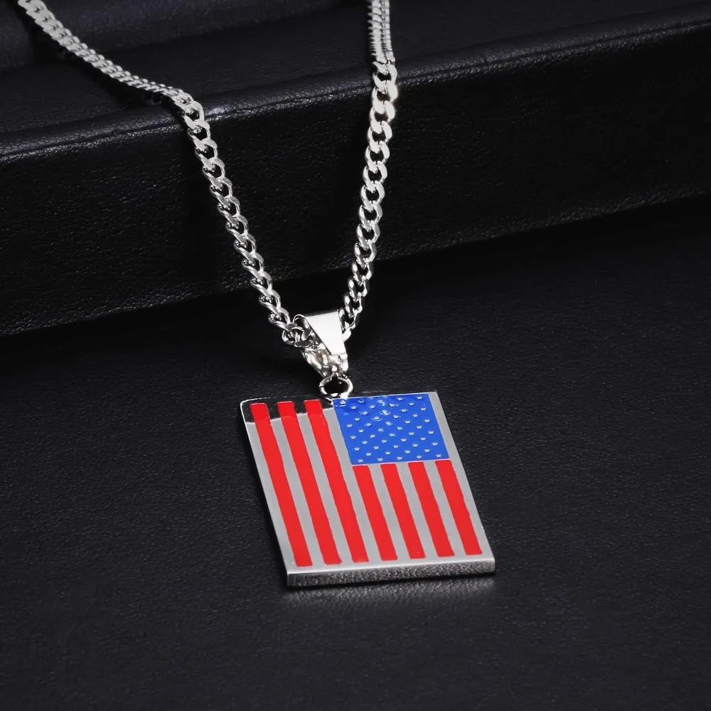 Flat Metallic USA Flag Pendant with Chain Necklace