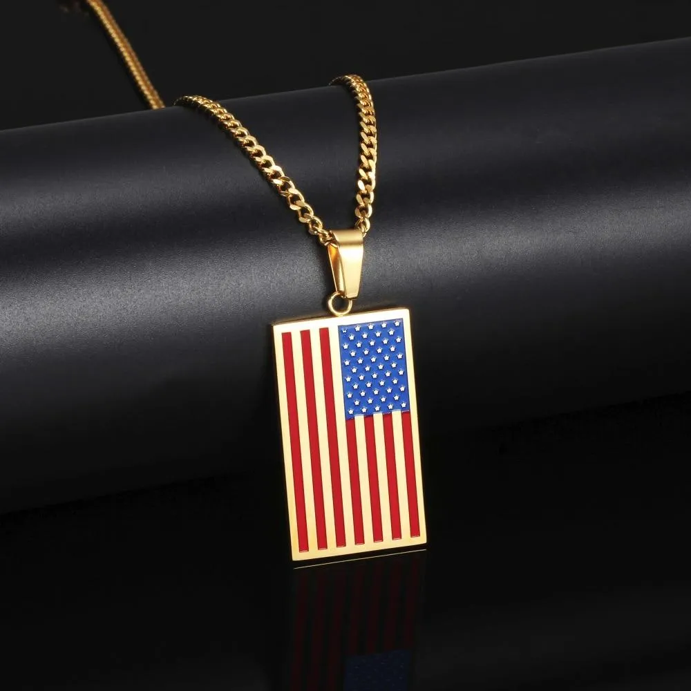 Flat Metallic USA Flag Pendant with Chain Necklace