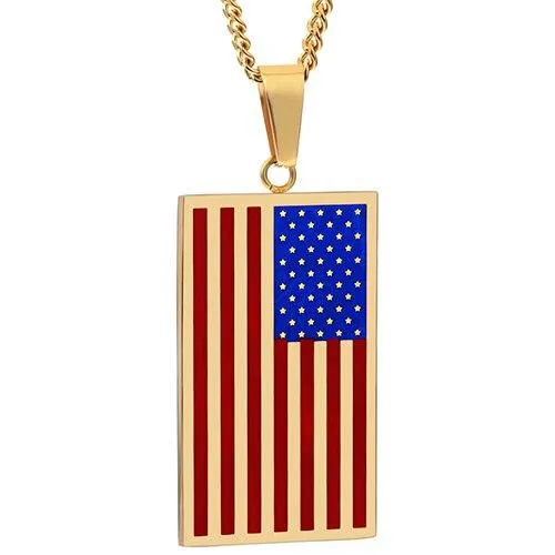 Flat Metallic USA Flag Pendant with Chain Necklace