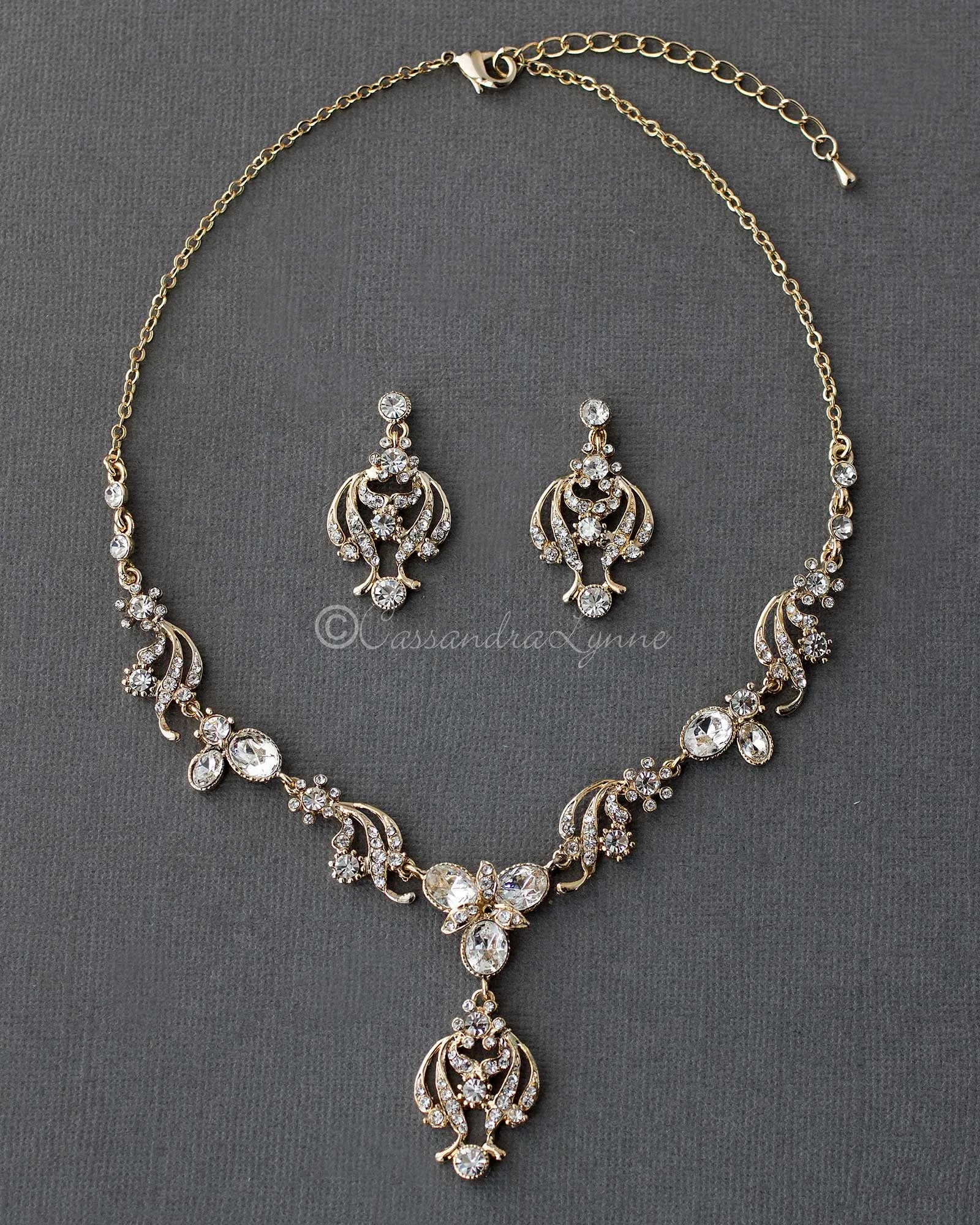 Gold Oval Crystal Necklace Set with Chandelier Drop