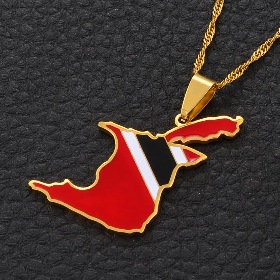 Gold/Silver-Plated Trinidad and Tobago Map Flag Pendant Necklace