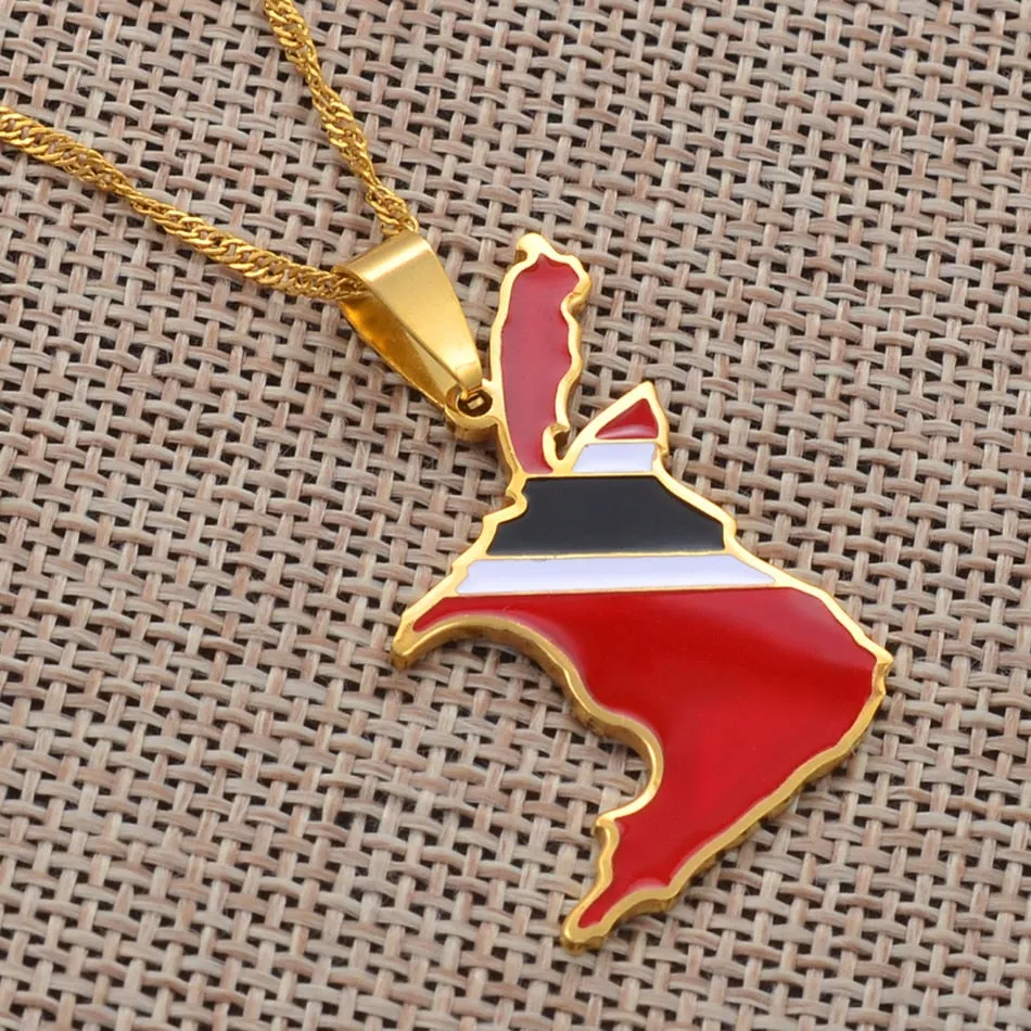 Gold/Silver-Plated Trinidad and Tobago Map Flag Pendant Necklace