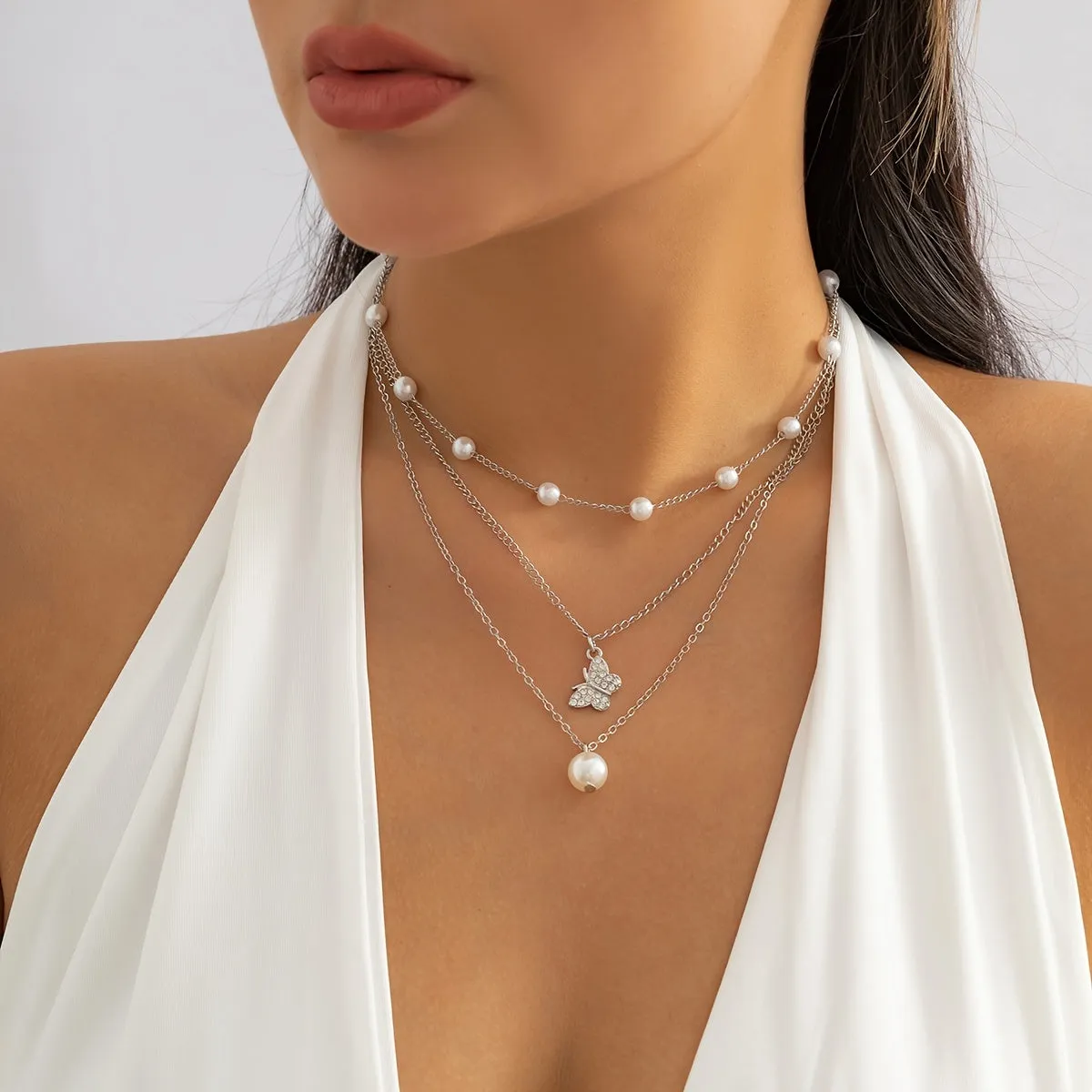 Gorgeous 3-Piece Butterfly Pearl Necklace Set - Choker Chain & Double Necklace - Perfect for Any Occasion!