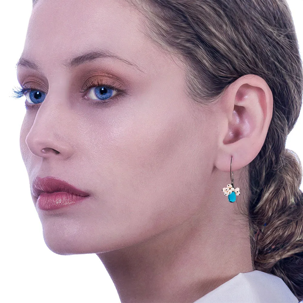 Handmade Black Plated Silver Earrings With Blue London Quartz & Pearls