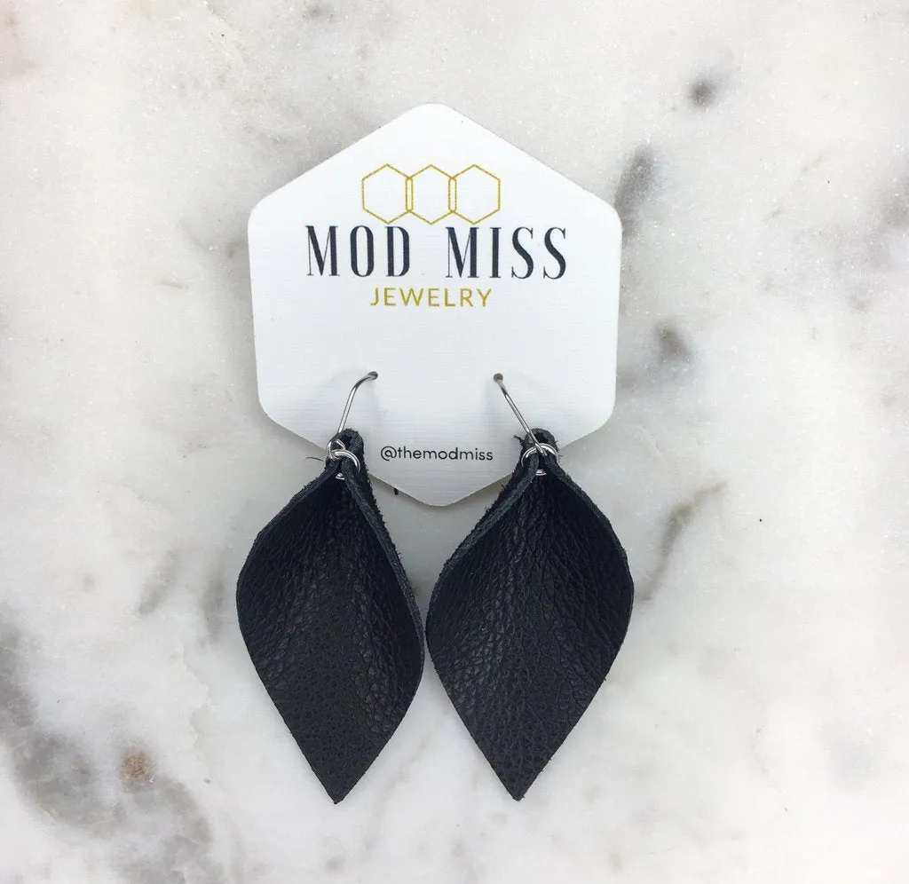 Holly Black Leather Petal Earrings