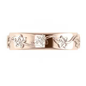 Ivy leaves pattern wedding band, comfort fit 6 mm, unisex wedding band