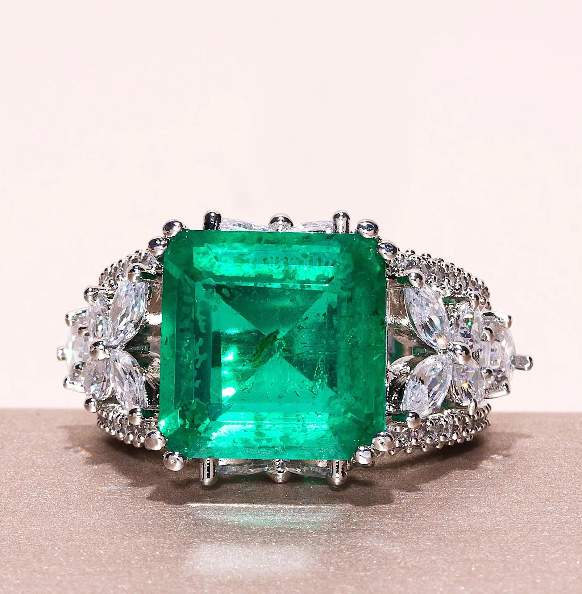 Joud Emerald Green Doublet White Gold Indian Jewelry Cocktail Ring by Jaipur Rose