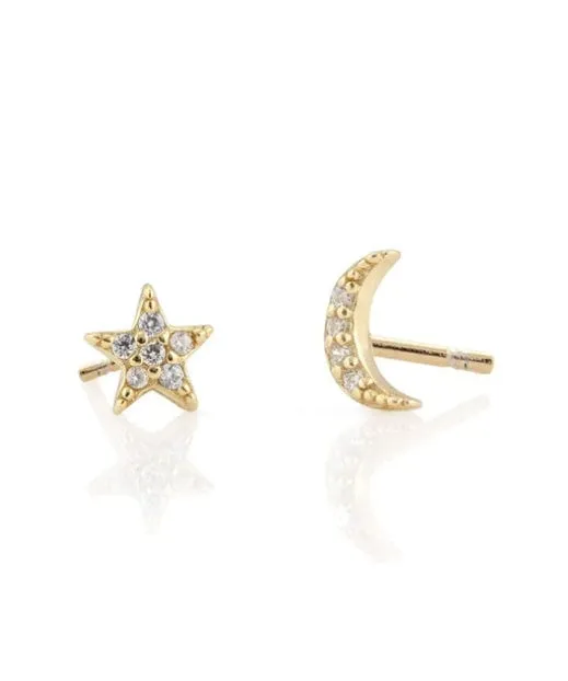 Kris Nations Star and Moon Pave Stud Earrings - Gold