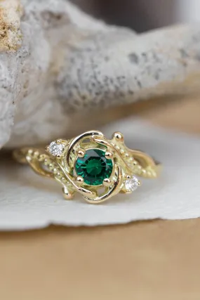 Lab emerald engagement ring, nature themed ring with accent diamonds  / Undina