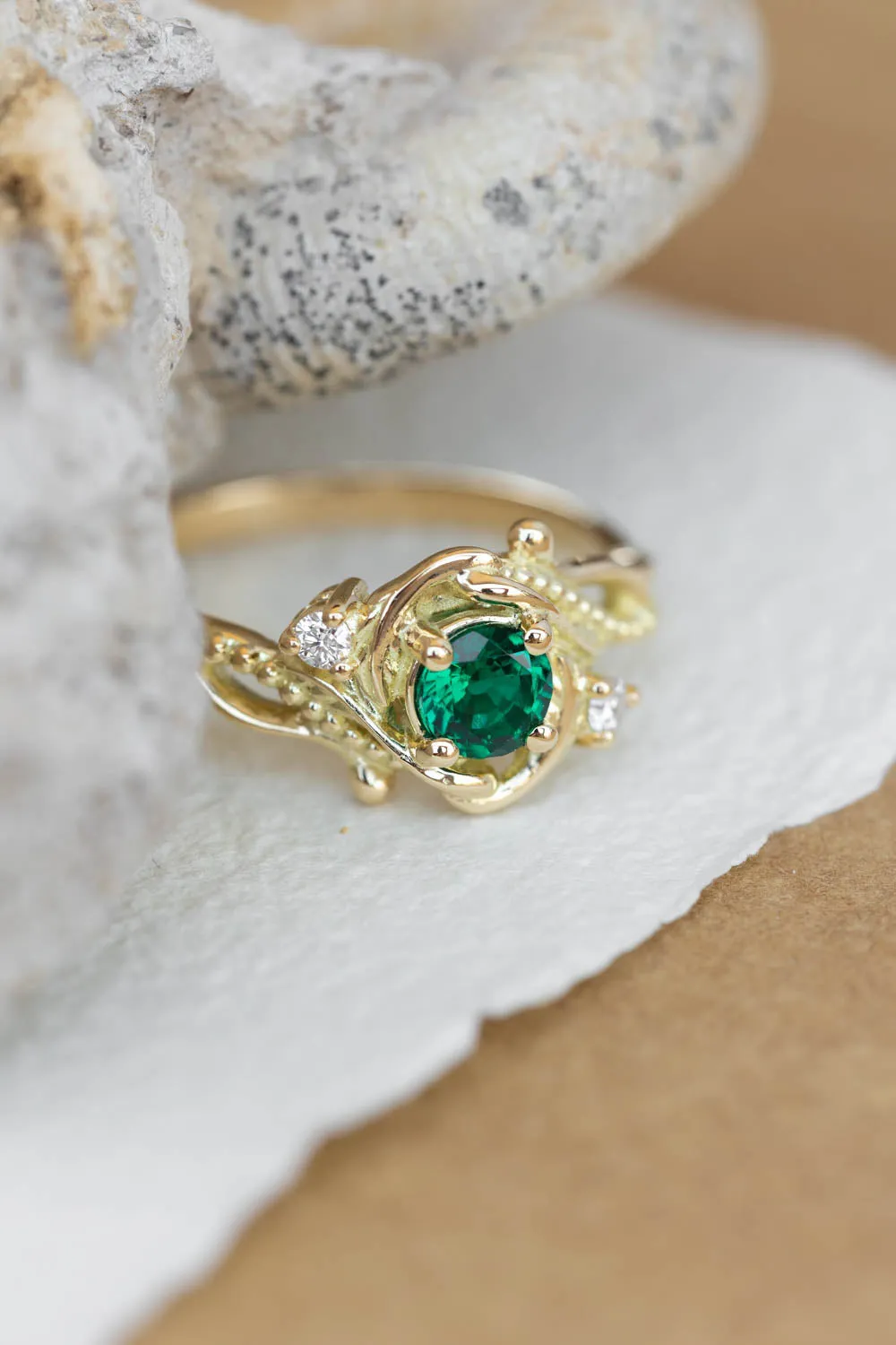 Lab emerald engagement ring, nature themed ring with accent diamonds  / Undina