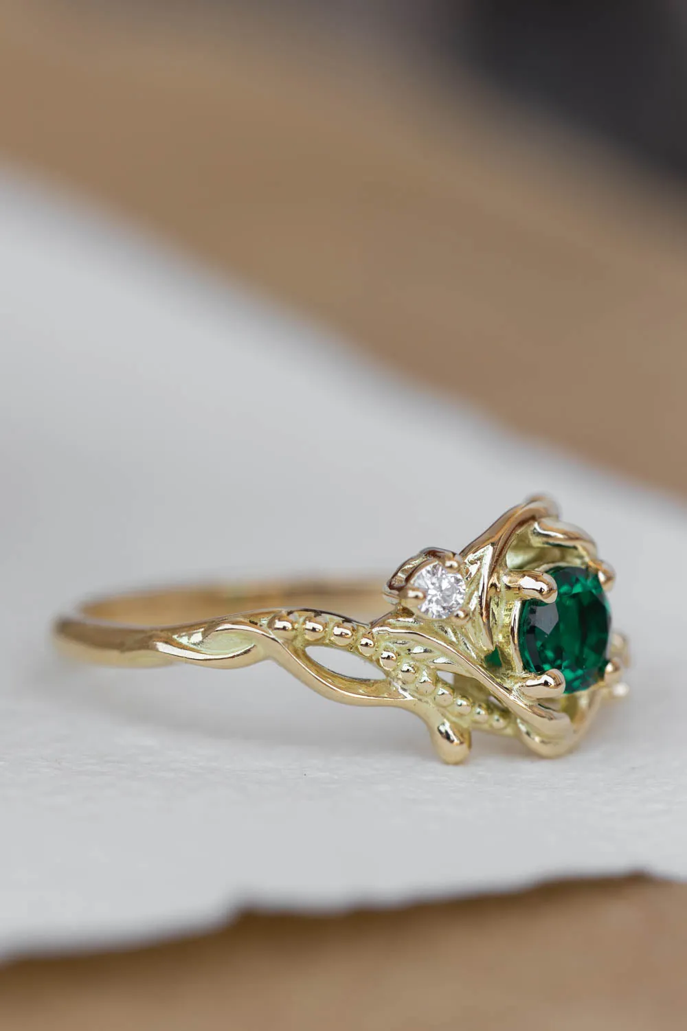 Lab emerald engagement ring, nature themed ring with accent diamonds  / Undina