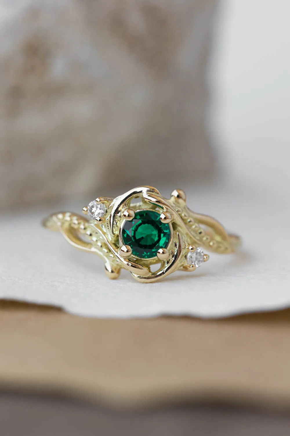 Lab emerald engagement ring, nature themed ring with accent diamonds  / Undina