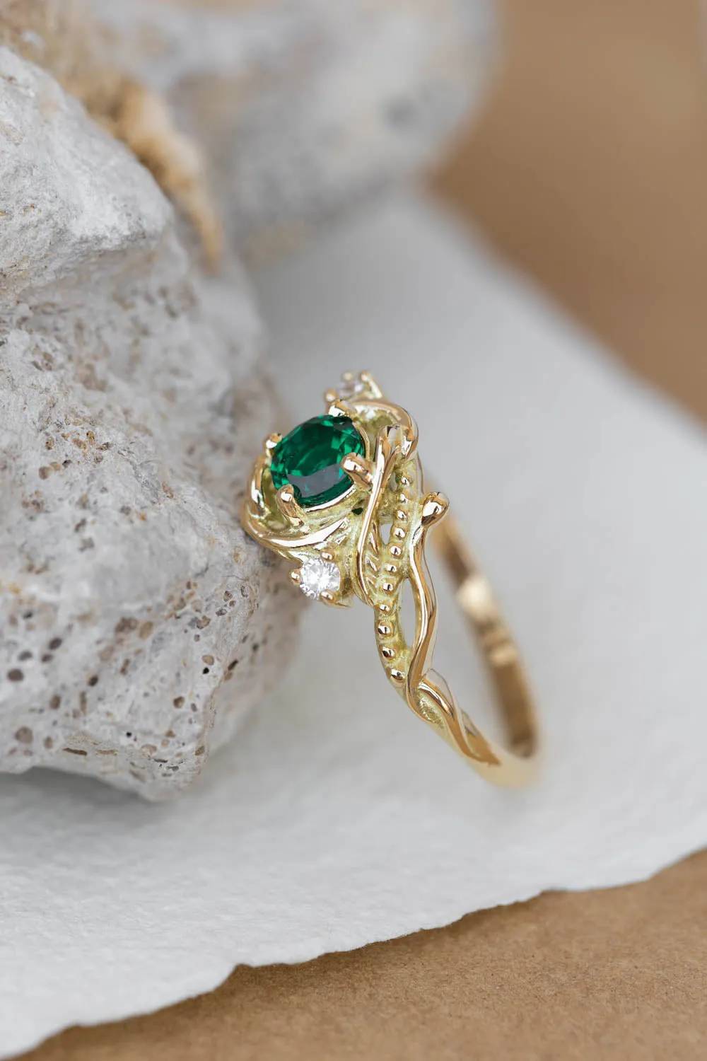 Lab emerald engagement ring, nature themed ring with accent diamonds  / Undina