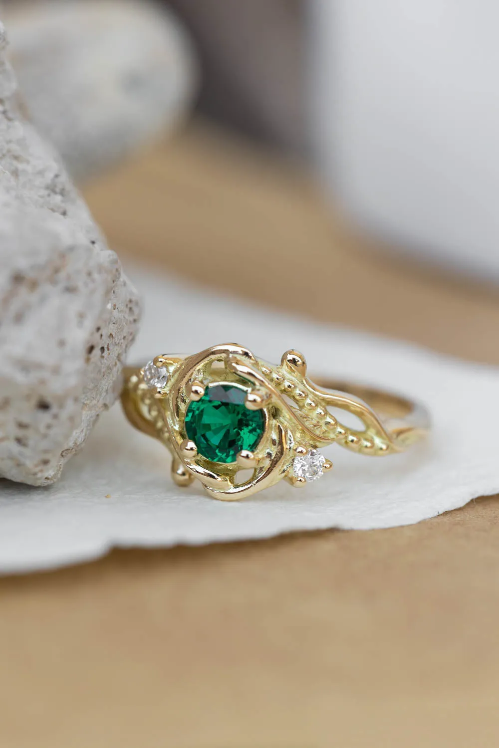 Lab emerald engagement ring, nature themed ring with accent diamonds  / Undina