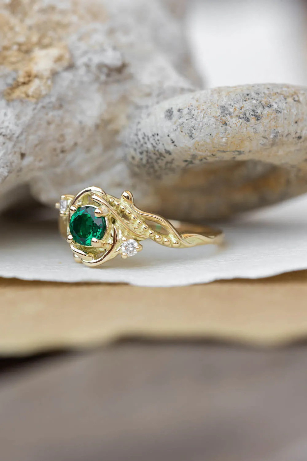 Lab emerald engagement ring, nature themed ring with accent diamonds  / Undina