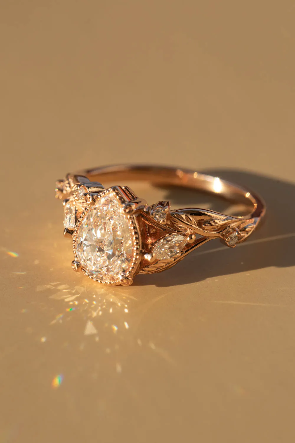 Lab grown diamond twig engagement ring, pear cut gemstone rose gold ring with leaves and diamonds / Patricia