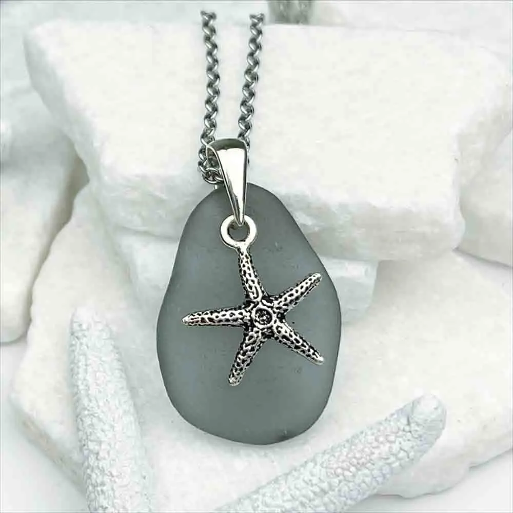 Large Dark Gray Sea Glass Pendant with Sterling Silver Starfish Charm | #1934