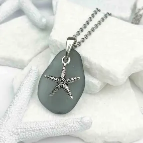 Large Dark Gray Sea Glass Pendant with Sterling Silver Starfish Charm | #1934