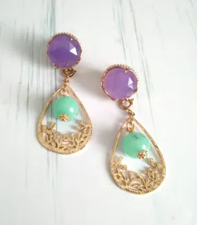 Lavander and Mint Green Jade Filigree Frame Brass Stud Earrings