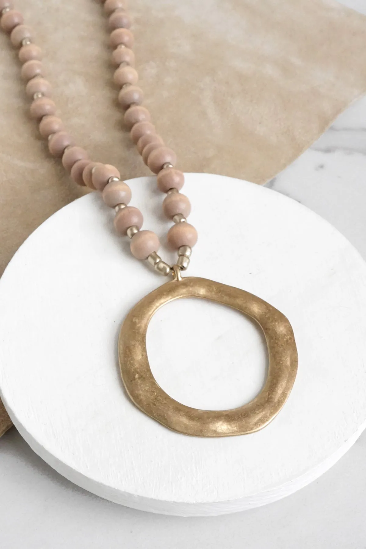 Long Wooden Bead Necklace with gold circle - brown taupe