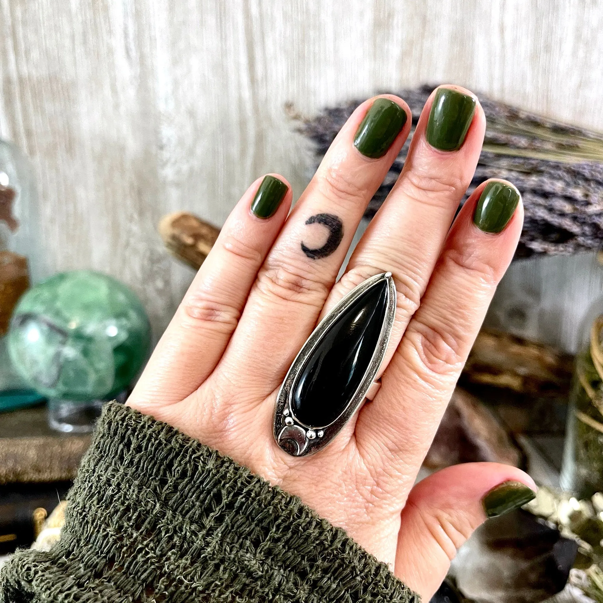 Magic Moons Black Onyx Ring in Sterling Silver /  Designed by FOXLARK Collection Adjustable to Size 6 7 8 9 10