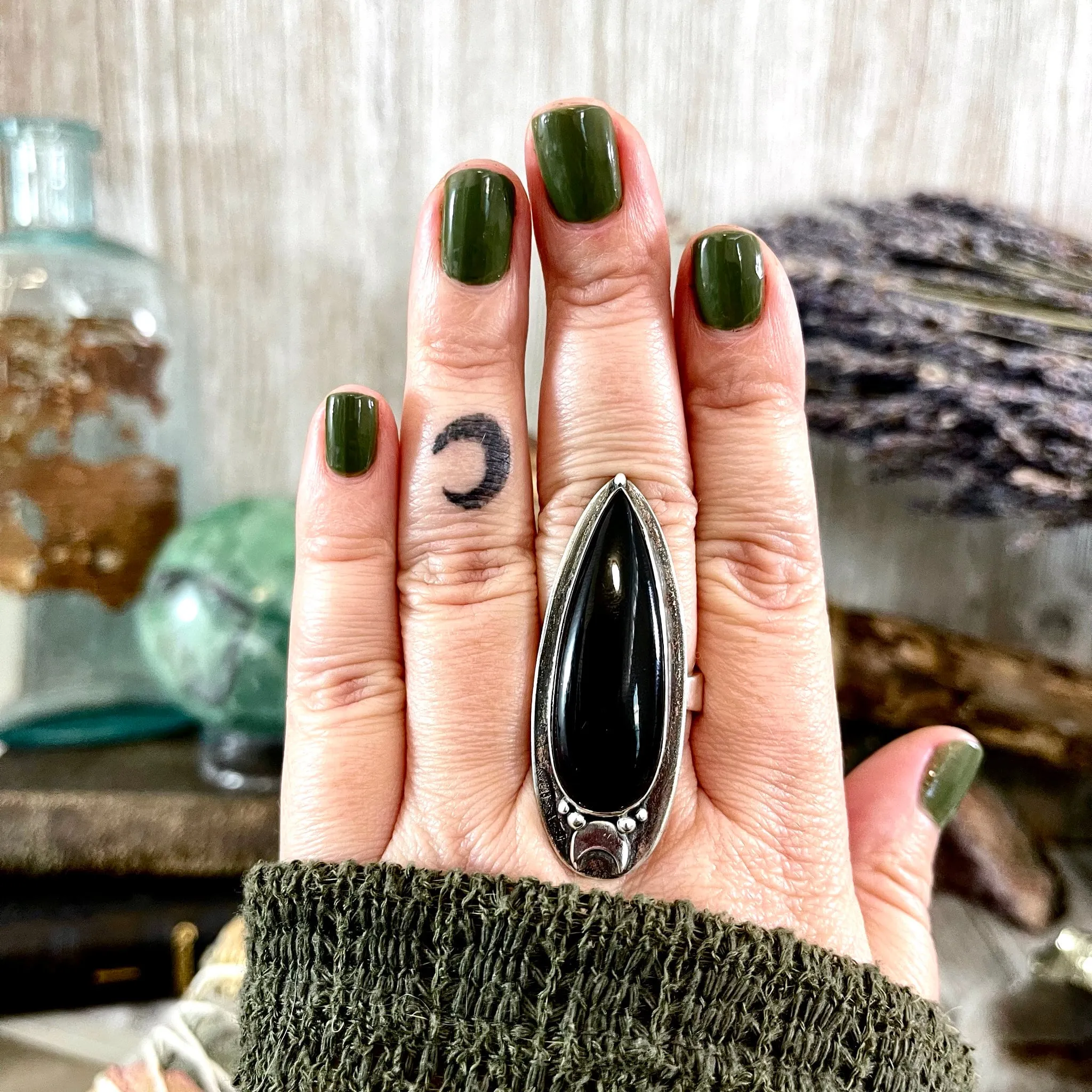 Magic Moons Black Onyx Ring in Sterling Silver /  Designed by FOXLARK Collection Adjustable to Size 6 7 8 9 10