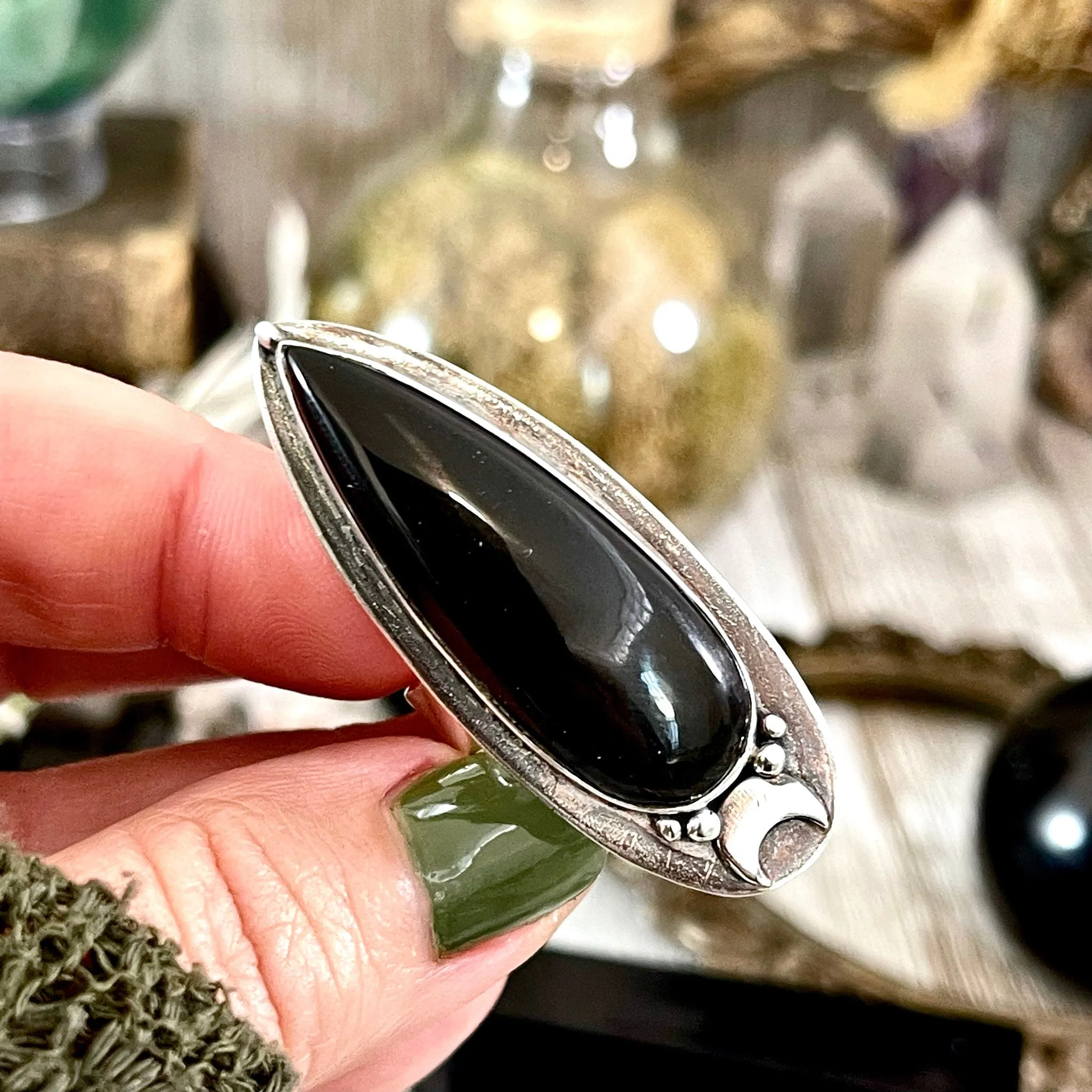 Magic Moons Black Onyx Ring in Sterling Silver /  Designed by FOXLARK Collection Adjustable to Size 6 7 8 9 10