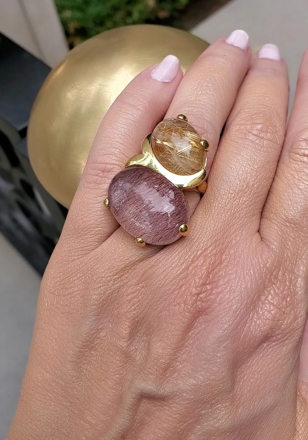 Marco Molinario 18KYG Double Rutilated Amber & Rose Quartz Ring