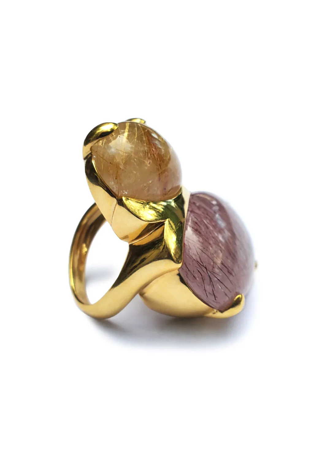 Marco Molinario 18KYG Double Rutilated Amber & Rose Quartz Ring