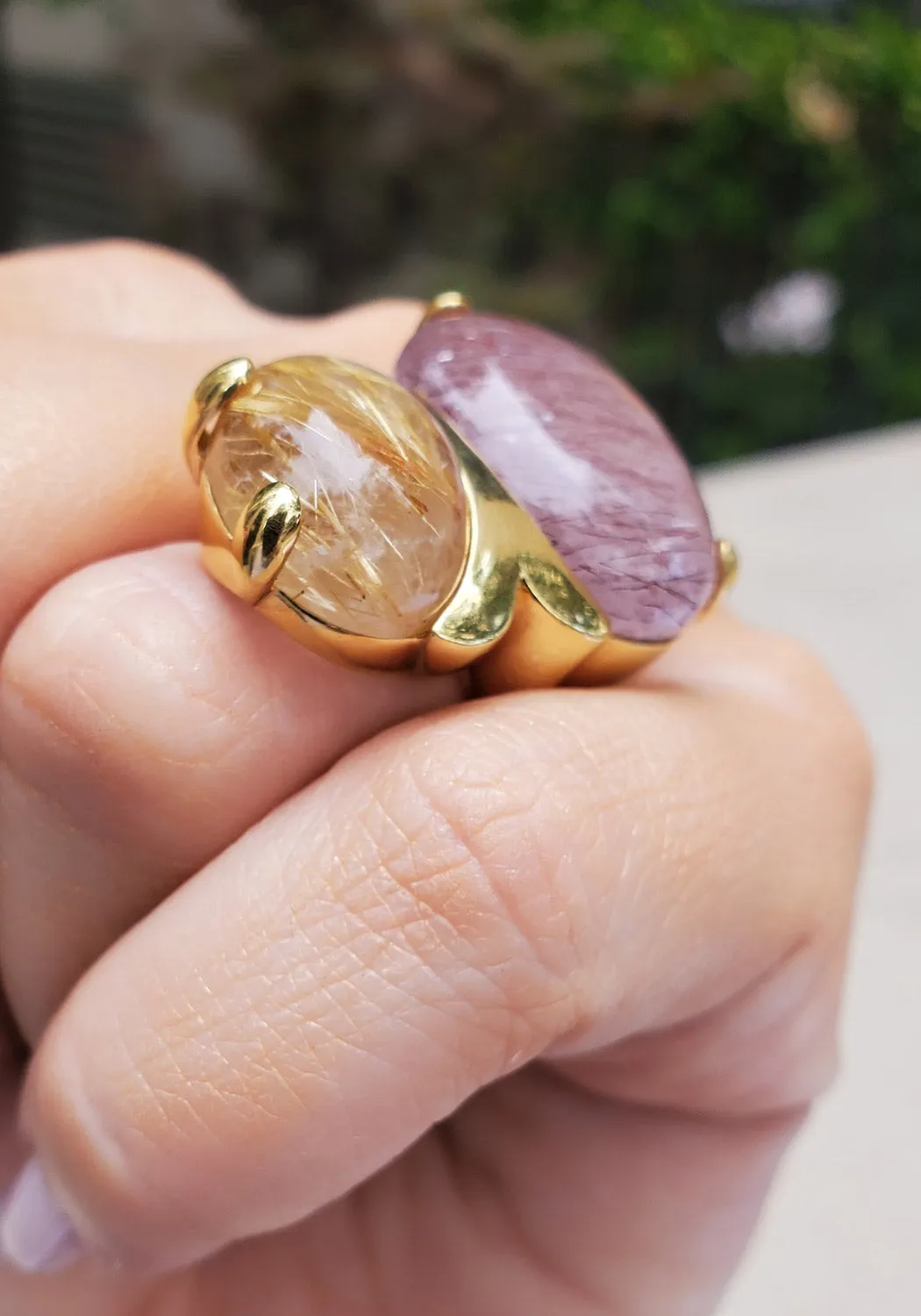 Marco Molinario 18KYG Double Rutilated Amber & Rose Quartz Ring