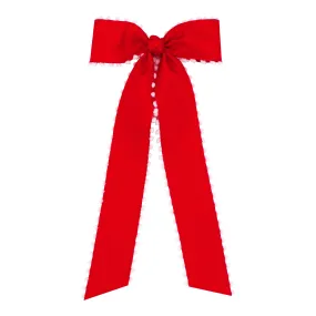 Medium Pom Edge Bow with Knot & Tails on Clippie - Red