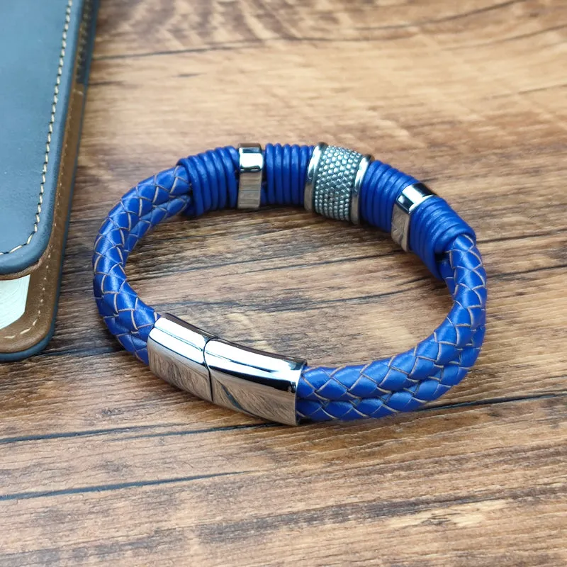 Men's Double Braided Royal Blue Leather Stainless Steel Bracelet