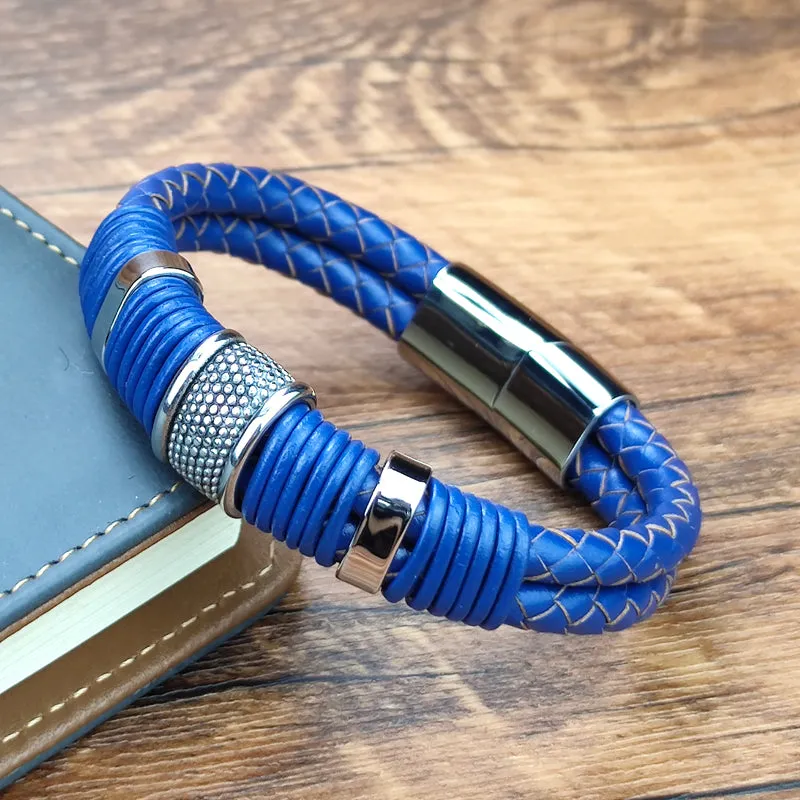 Men's Double Braided Royal Blue Leather Stainless Steel Bracelet