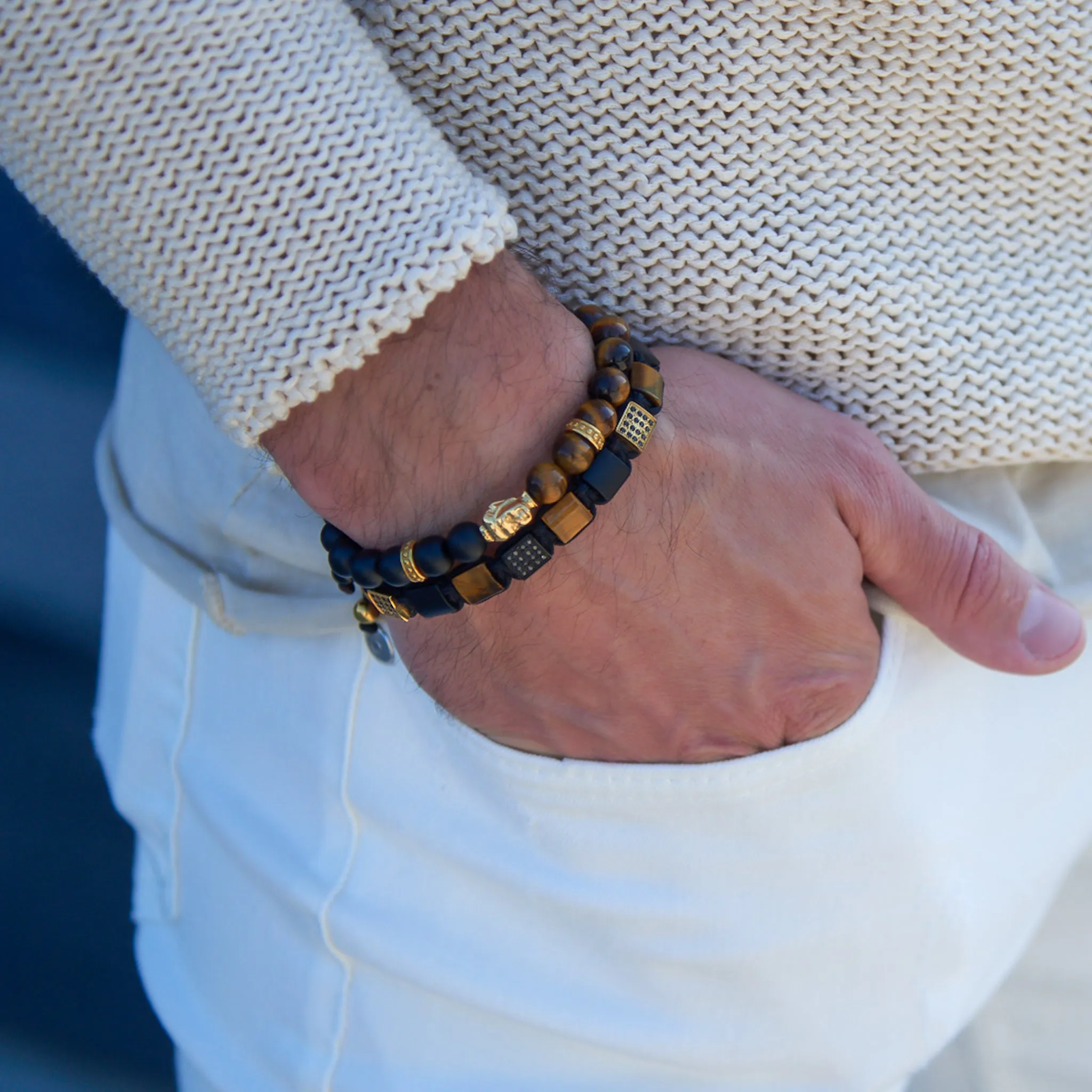 Men's TIGER EYE, MATTE ONYX Flat bead Bracelet - One Size Fits All