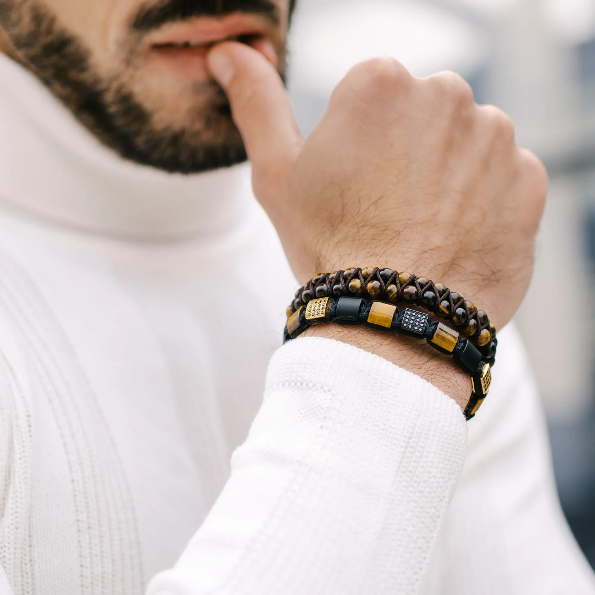 Men's TIGER EYE, MATTE ONYX Flat bead Bracelet - One Size Fits All