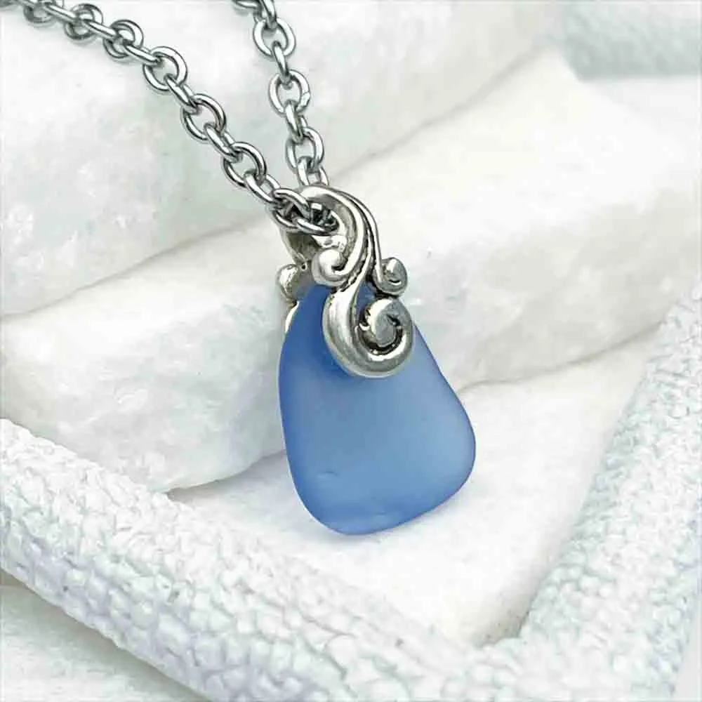 Mini Cornflower Blue Sea Glass Ocean Waves Pendant | #5167