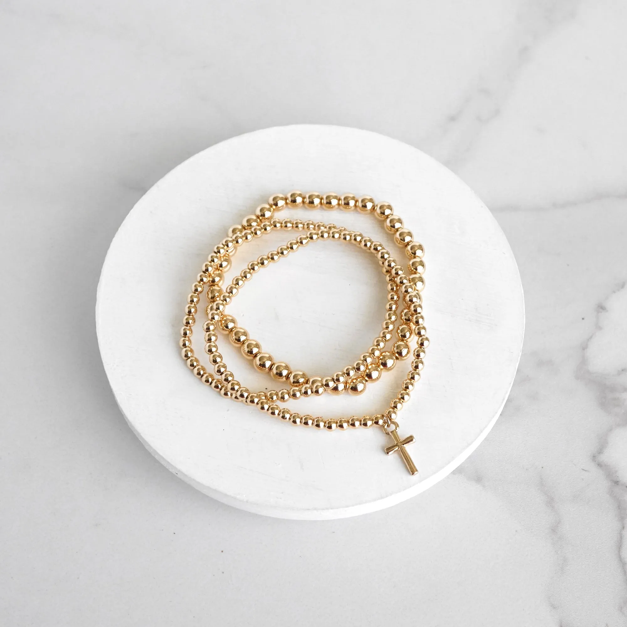 Minimal Cross charm Stretchy Bracelet Set in Gold tone with Ball Beads