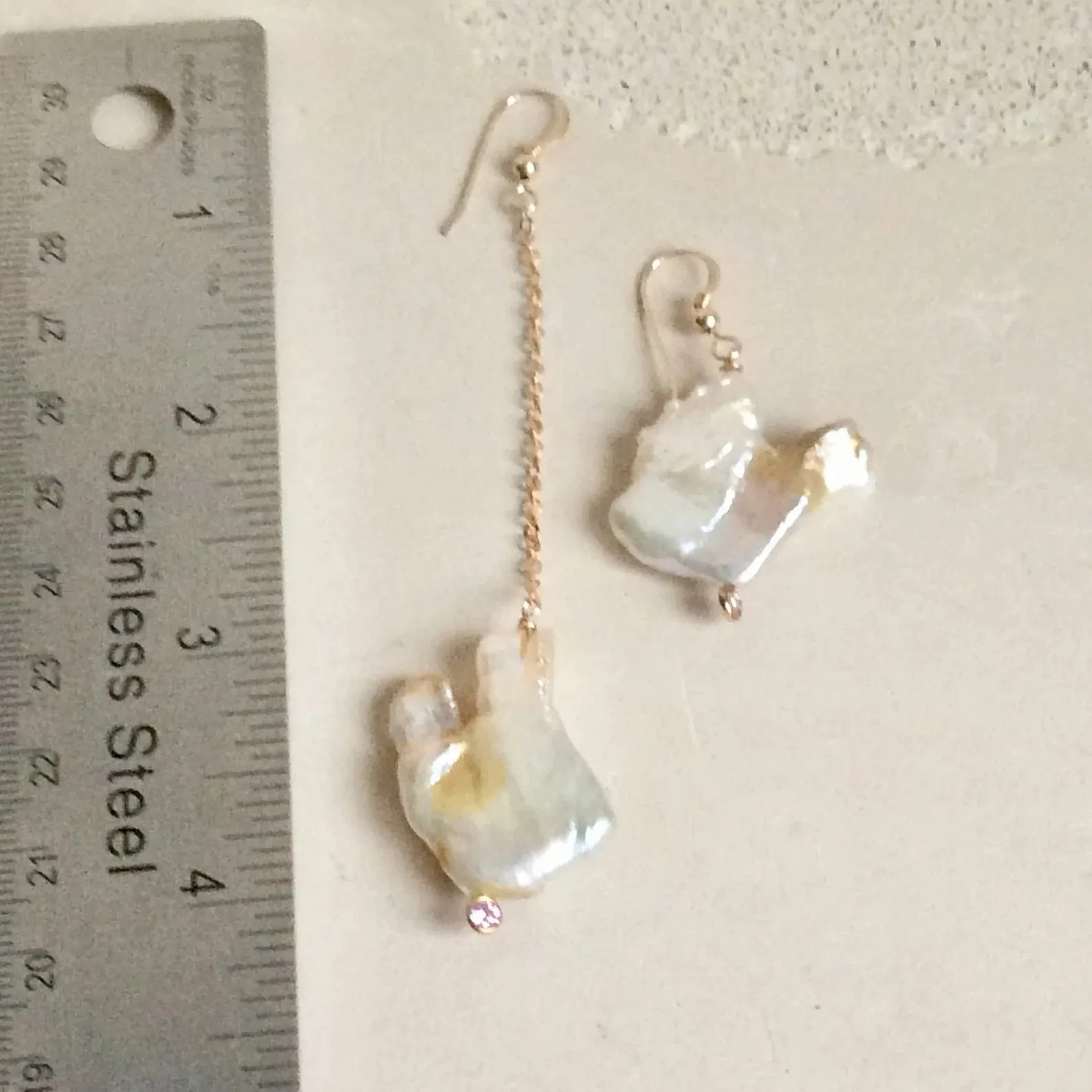 Mismatched Keshi Pearl Drop Earrings with Pink Cubic Zirconia Bezel, Gold Filled