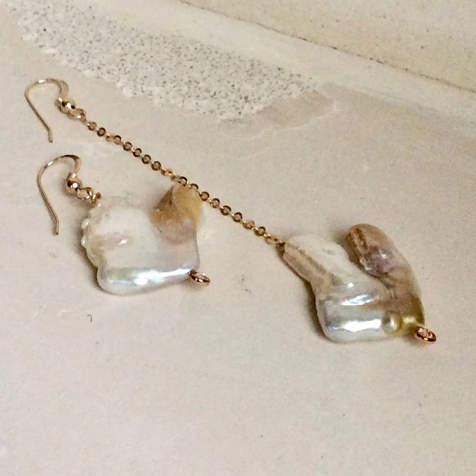 Mismatched Keshi Pearl Drop Earrings with Pink Cubic Zirconia Bezel, Gold Filled