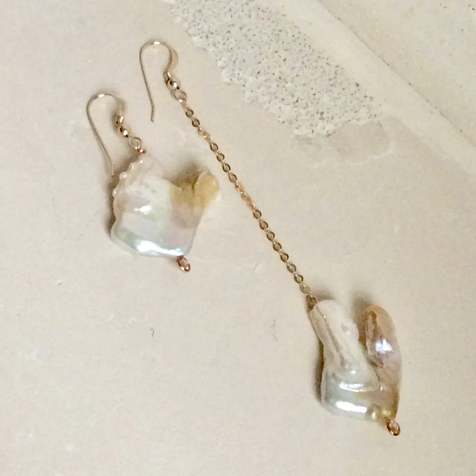 Mismatched Keshi Pearl Drop Earrings with Pink Cubic Zirconia Bezel, Gold Filled