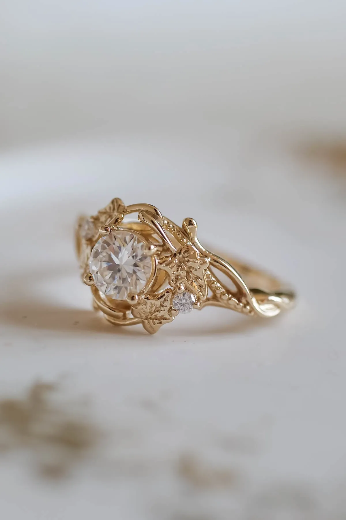 Moissanite engagement ring, gold leaves ring / Ivy Undina