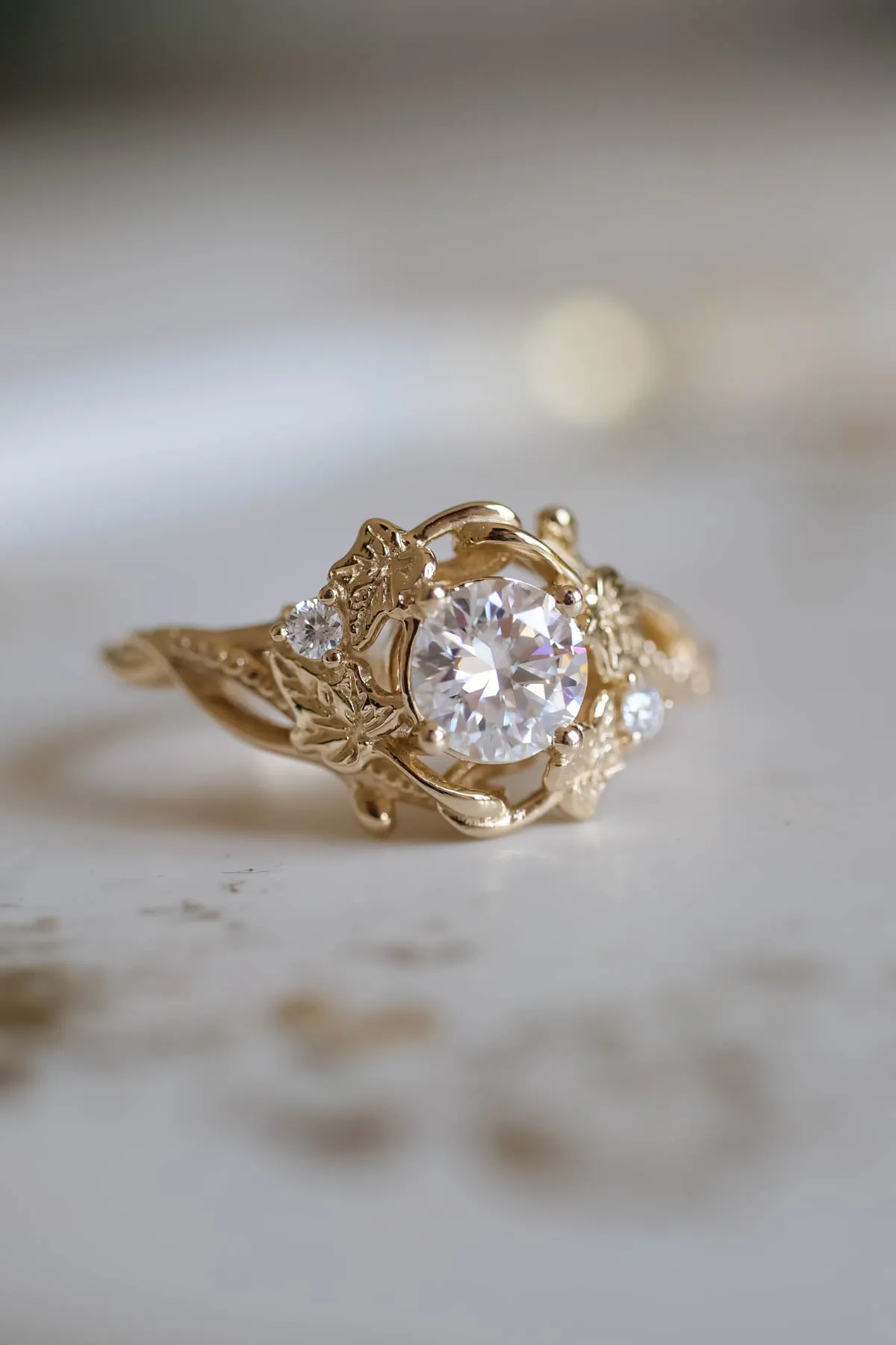 Moissanite engagement ring, gold leaves ring / Ivy Undina